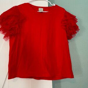 Womens Red Tulle Short Sleeve Crop Top Size Large